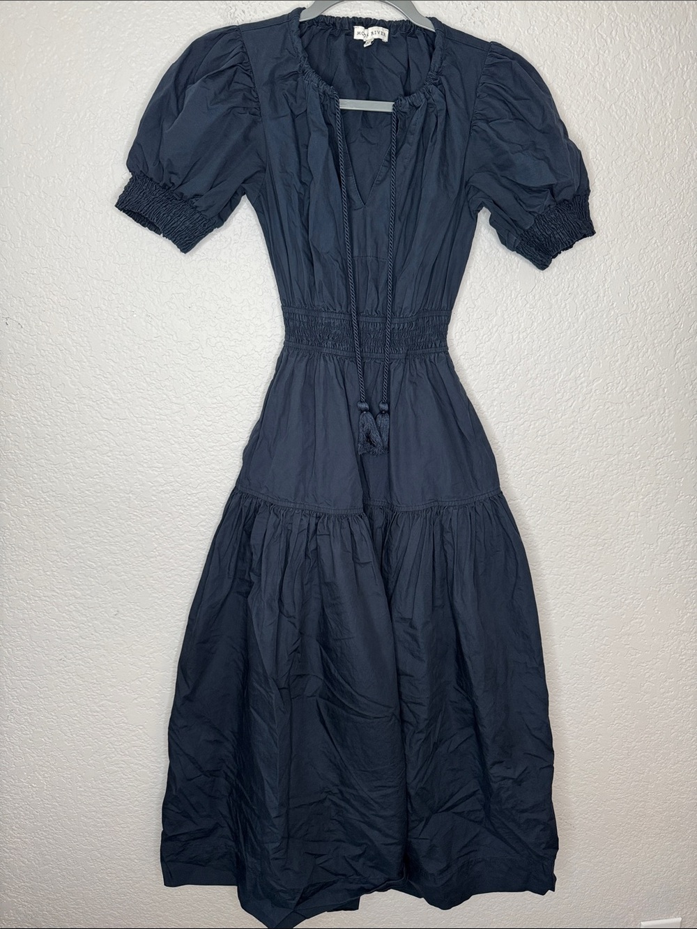 Moon River Gathered Shirred Midi Dress Navy XXS Cut Out Back - Picture 2 of 7